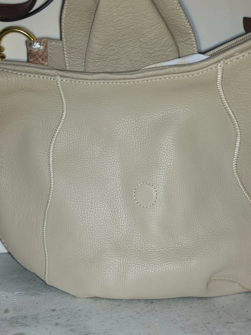 Cream Leather Hobo Bag with Snakeskin Detail and Gold Chain Strap